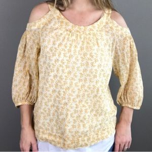 Anthropologie Meadow Rue cold shoulder bubble sleeves cotton yellow top Size 8